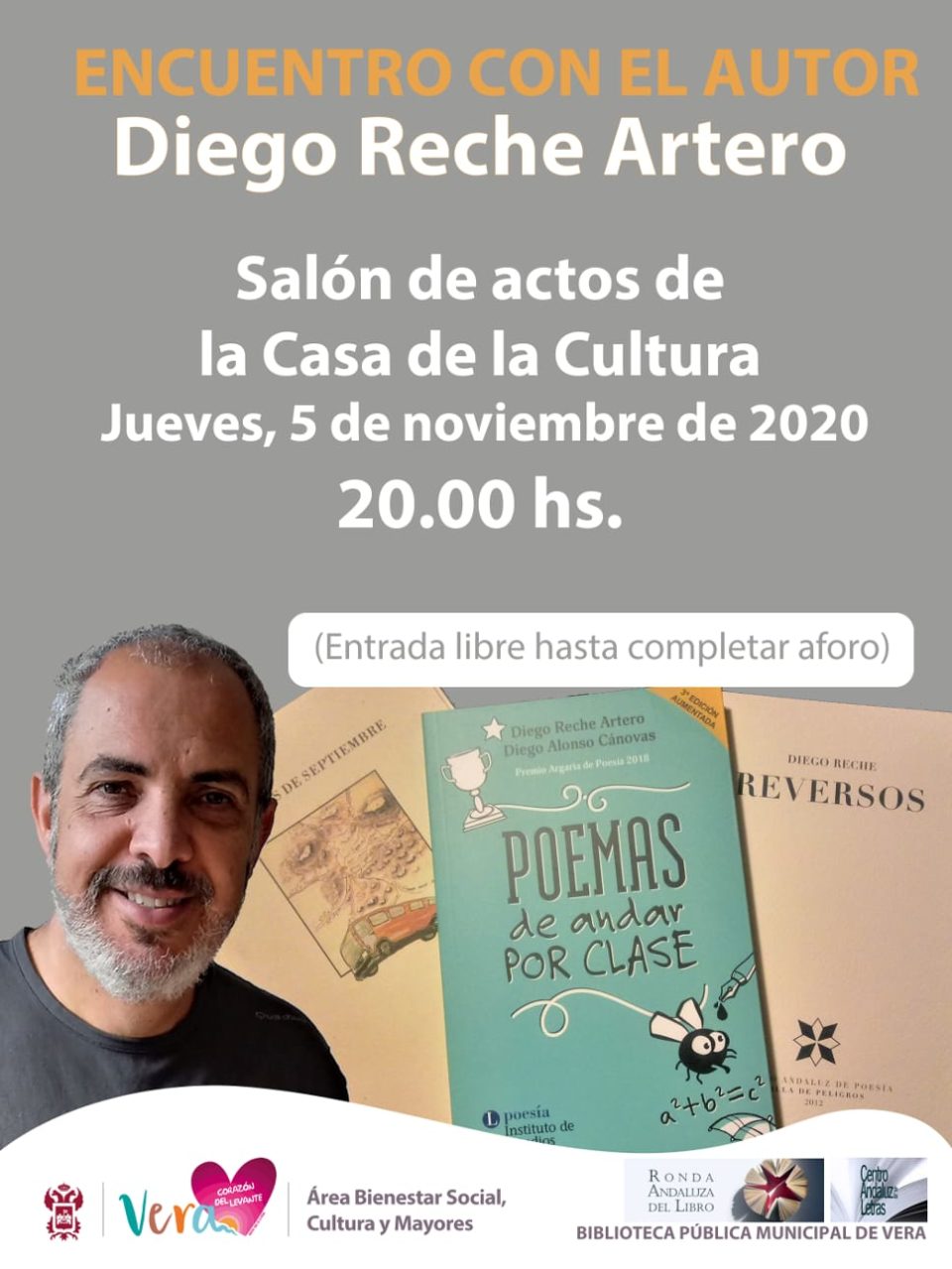 La Biblioteca de Vera acogerá un encuentro con el poeta Diego Reche Artero