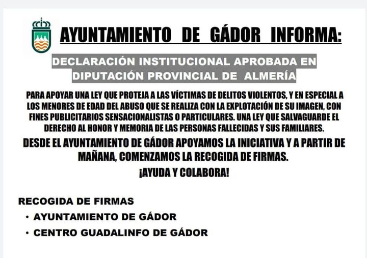 El Ayuntamiento de Gádor pone en marcha la recogida de firmas para apoyar una ley que proteja a las víctimas de delitos violentos